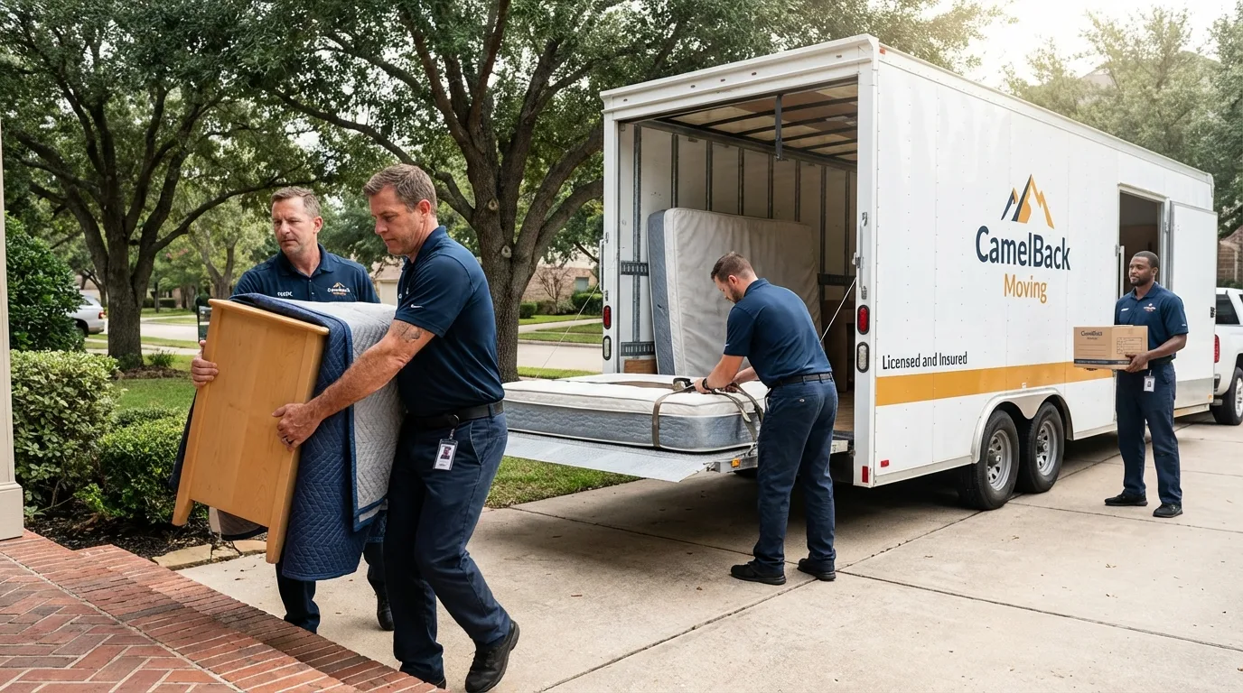 Crew loading residential truck for cross-state move from Colchester, IL
