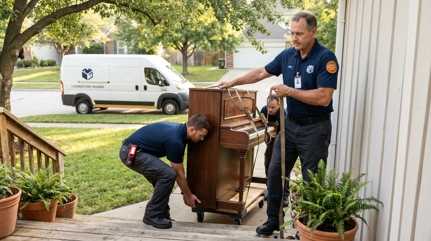 Licensed piano movers securing grand piano in Colchester, IL