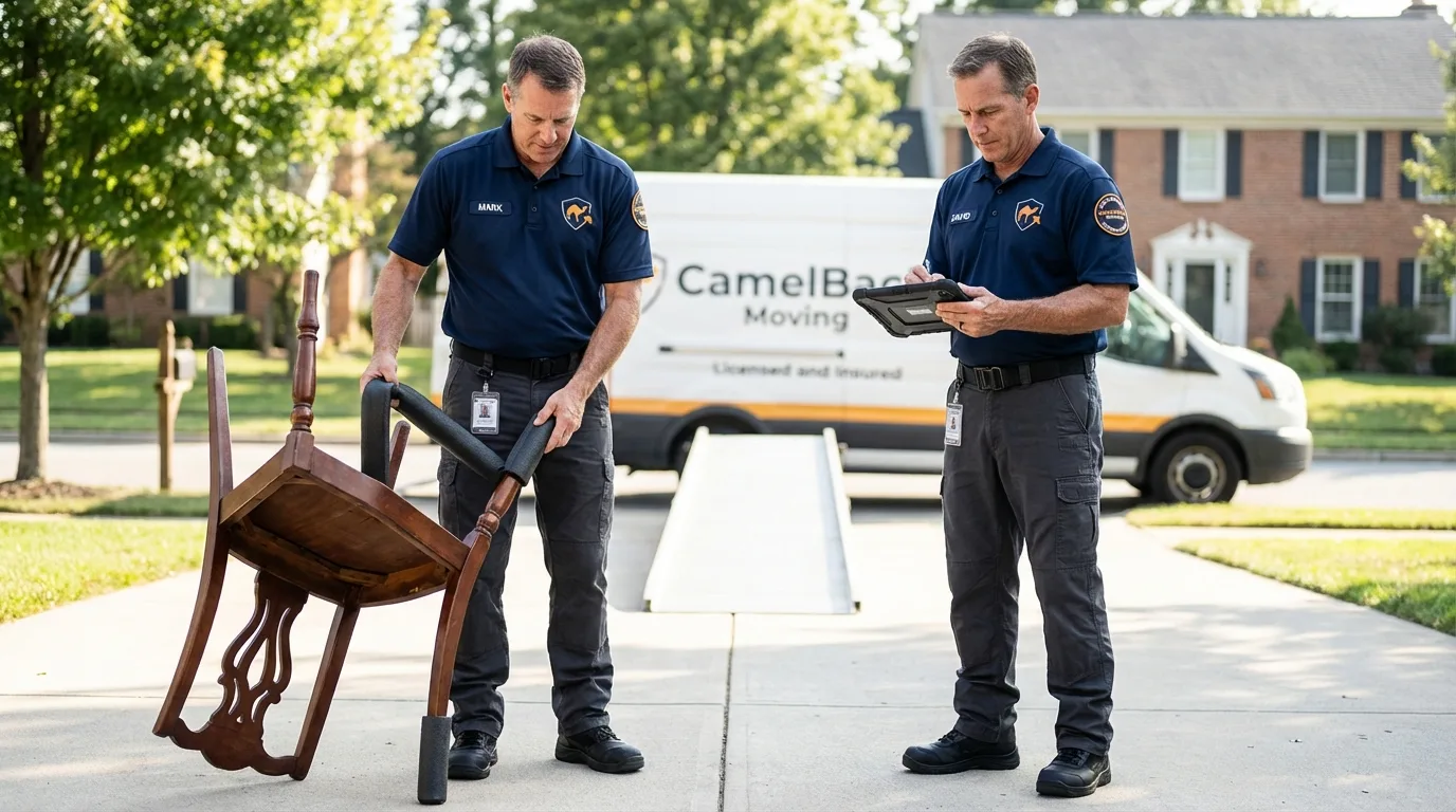 Movers inspecting furniture for damage prevention before loading in Colchester, IL