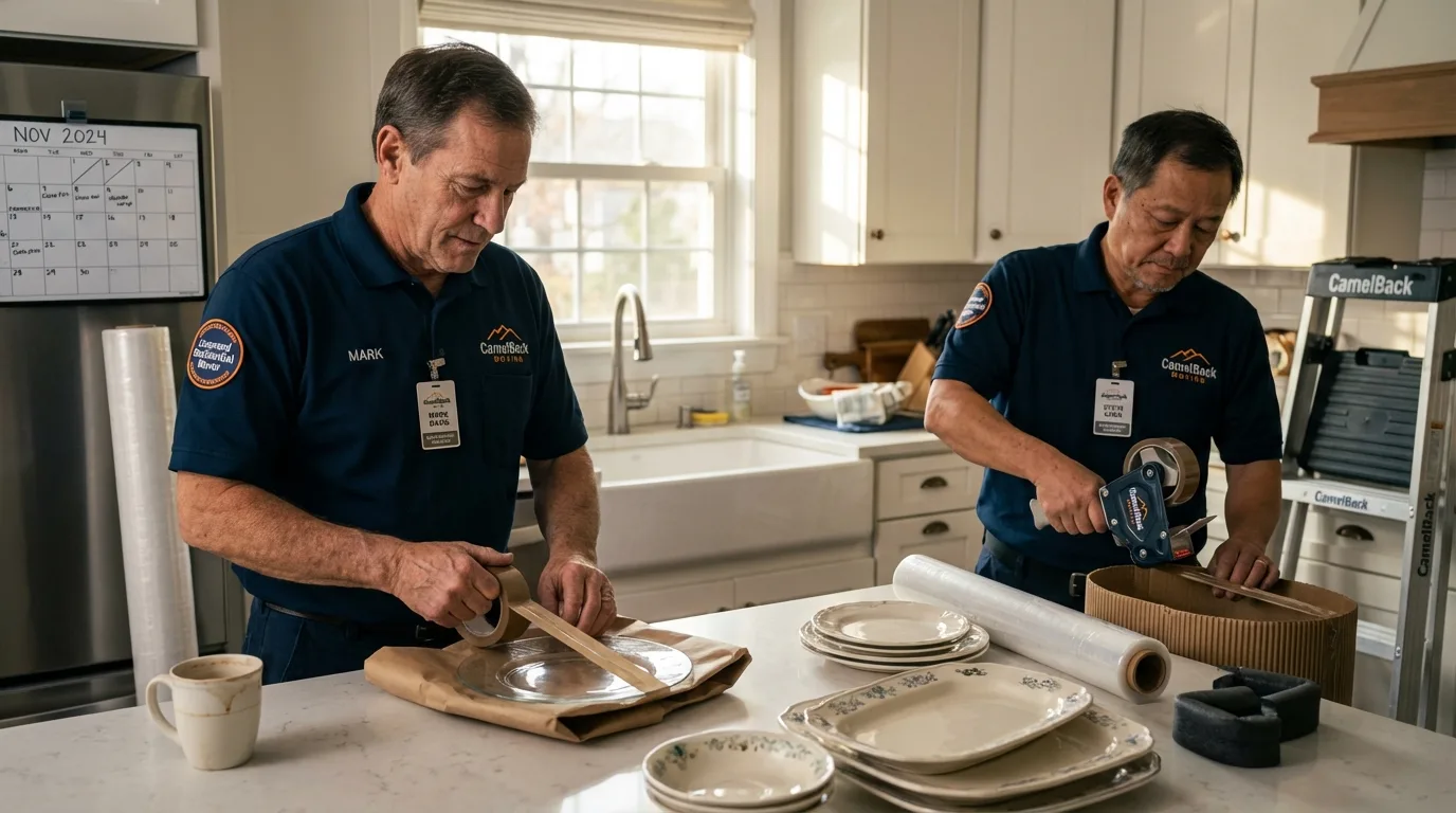 Professional crew packing kitchen dishware in Colchester, IL
